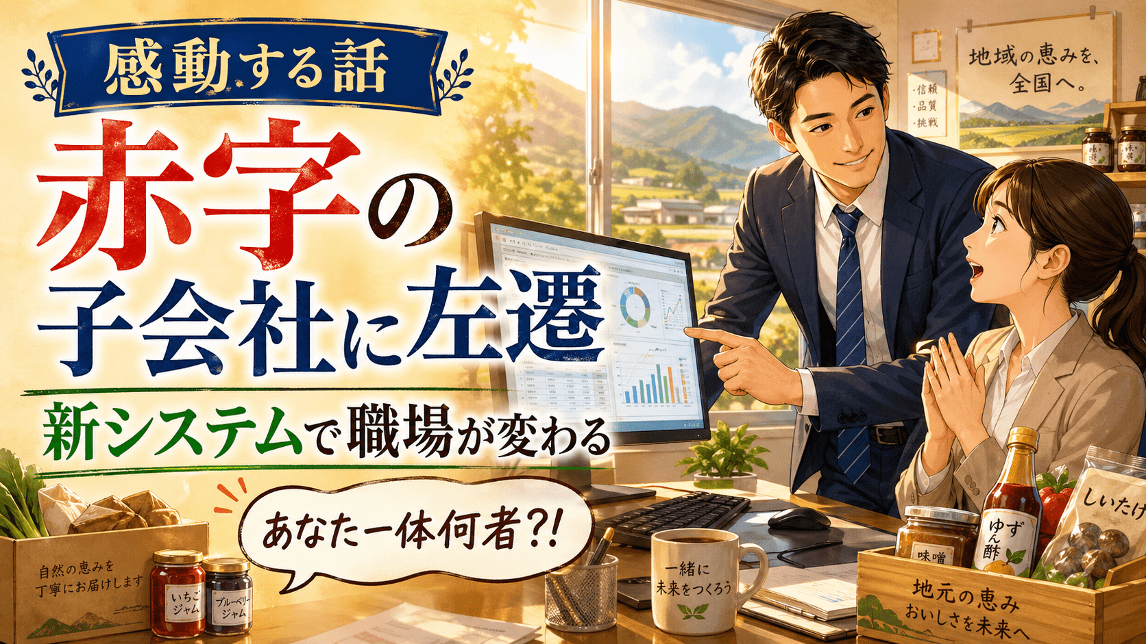 赤字の子会社に左遷された男性が、新システムを導入して職場を改善していく感動する話のアイキャッチ画像。地方の食品会社の office で、男性社員がパソコン画面を指し示し、同僚女性が驚いている様子が描かれている。